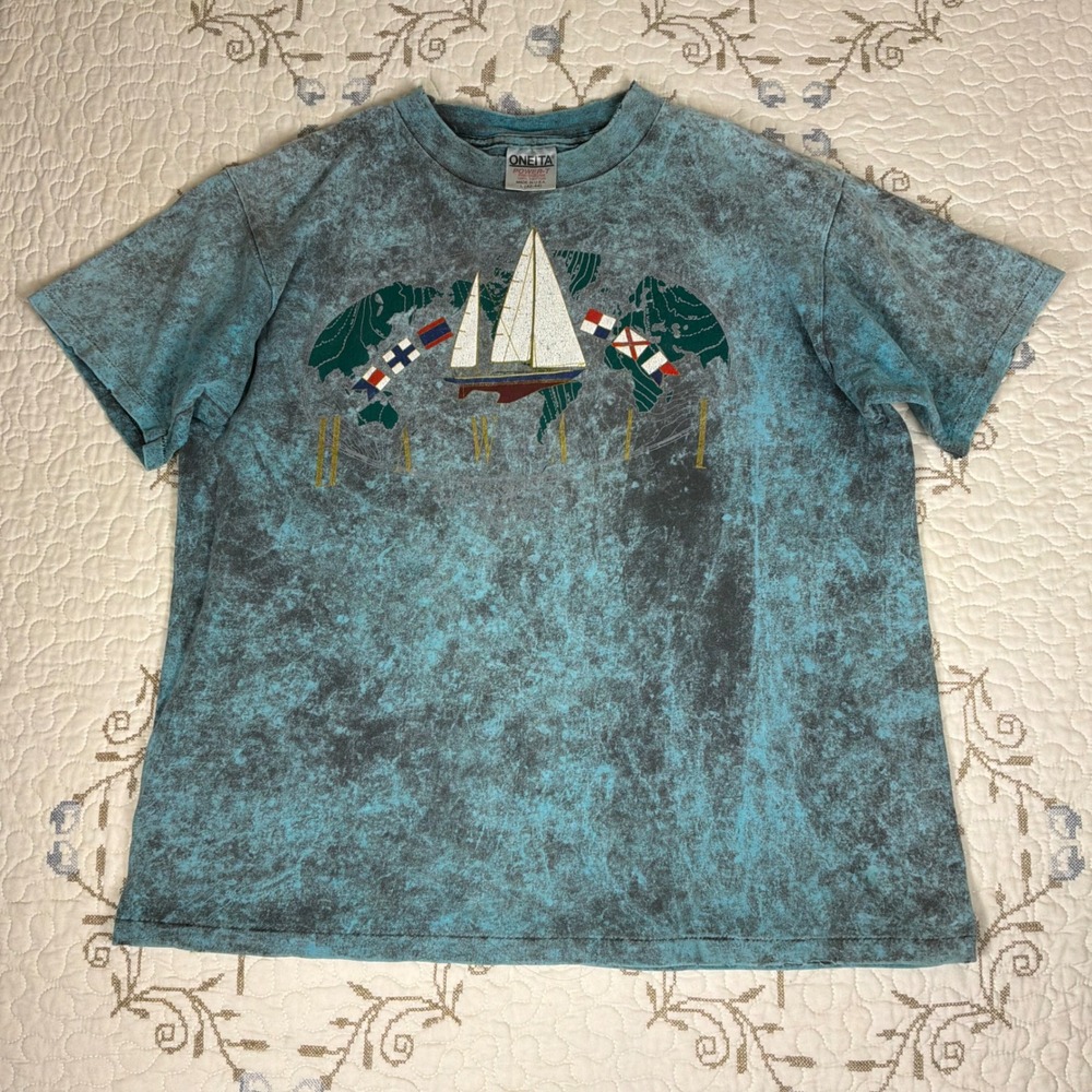 Oneita T-Shirt Mens Large Blue Single Stitch Vintage Hawaii Acid Wash Sailboat